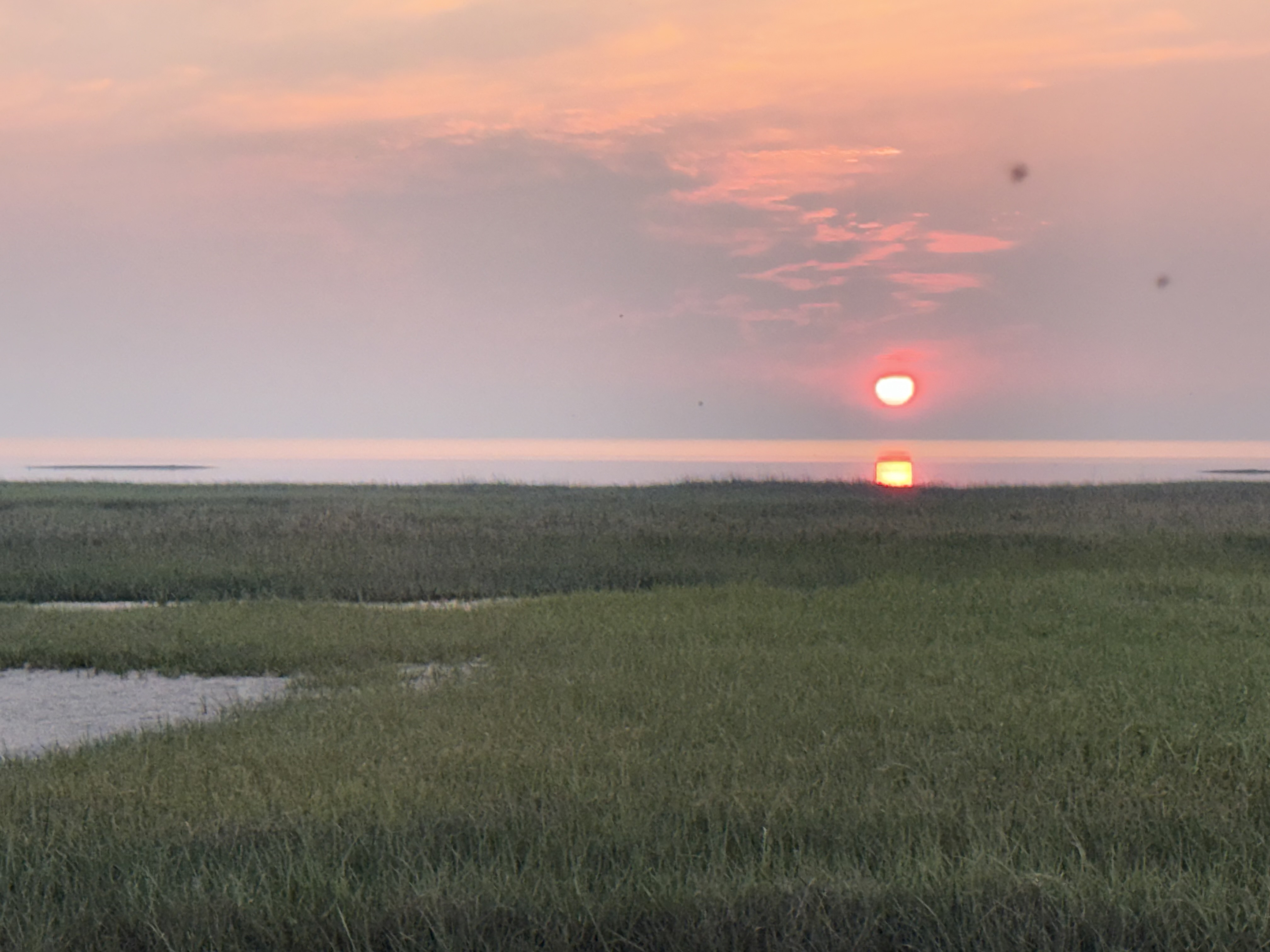 Warm sunset over grass and calm water near Keaton Beach.